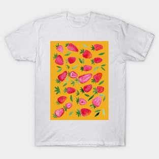 Watercolors strawberries - red and green on ochre T-Shirt